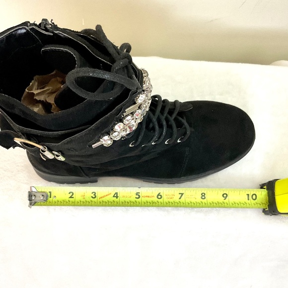 BLACK SUEDE ROUNDED TOE SIDE ZIP BUCKLE LACE UP ANKLE BOOTS WITH CRYSTAL DETAIL - Picture 7 of 16